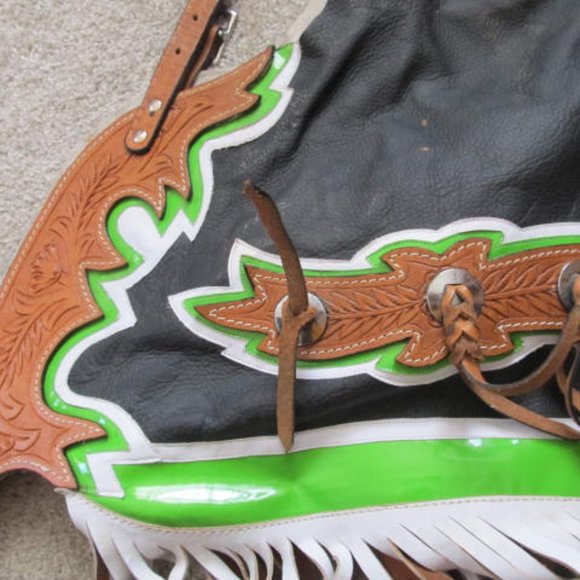 Brown Tooled Leather Cowboy Chaps Fringe Leather Chaps Western Rodeo Chaps Black - Picture 2 of 6